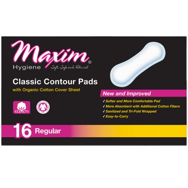 Classic Contour Sanitary Pads with Organic Cotton Cover Sheet, Regular, 16 Count, Maxim Hygiene Products Cheap