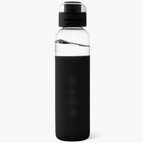 Glass Water Bottle with Sport Cap, Black, 17 oz, Soma Fashion