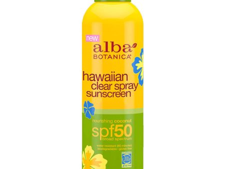 Hawaiian Clear Spray Sunscreen SPF 50 - Nourishing Coconut, 6 oz, Alba Botanica For Sale