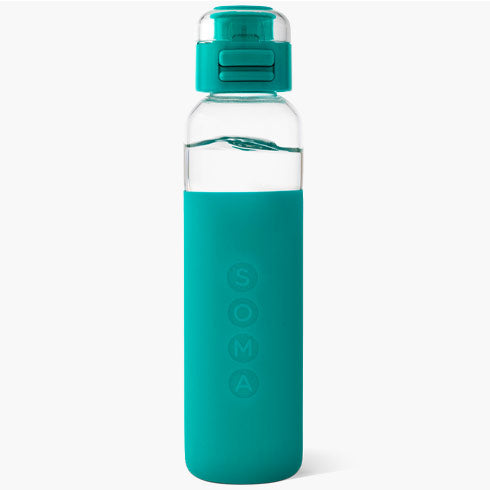 Glass Water Bottle with Sport Cap, Aqua, 17 oz, Soma Discount